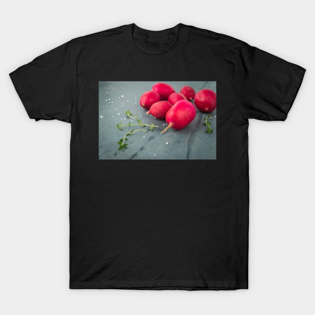 Fresh radishes on vintage background T-Shirt by AnaMOMarques